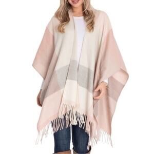 Woolrich Cozy Blanket Scarf Wrap Open Front Cream Pink Plaid Women One Size